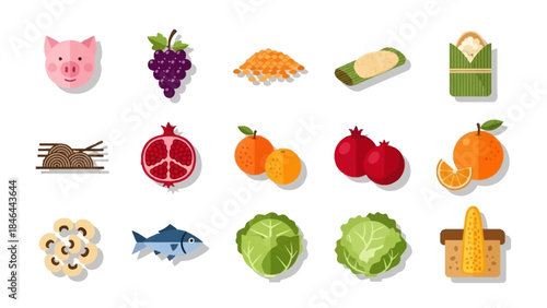 Colorful Collection of Food Icons Featuring Fruits and Vegetables