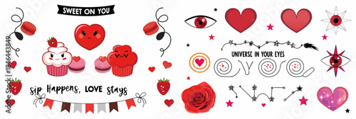 Valentine's Day stickers with hearts, cupcakes, and roses