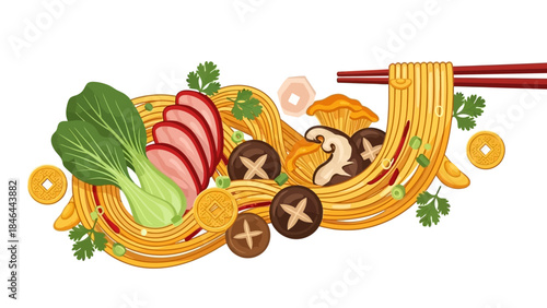 Vector illustration of Asian noodle dish with vegetables and mushrooms
