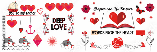 Valentine's Day heart illustrations with love words