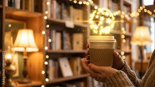 Woman Holds Coffee Cup With Magical Sparkles in a Cozy Bookstore