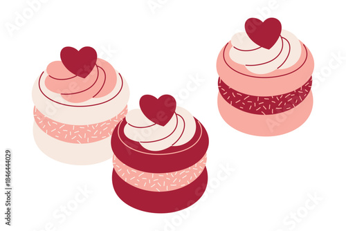 Set of Three Valentine Macarons with Hearts, Festive Romantic clipart for Valentine’s Day