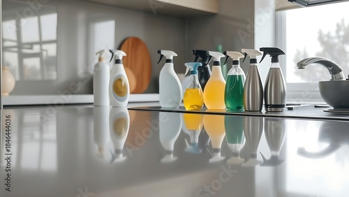 A shiny kitchen countertop with neatly arranged cleaning supplies, reflecting soft overhead light.