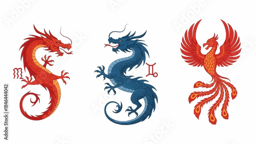 Colorful Zodiac Dragons and Phoenix Illustration with Astrology Symbols