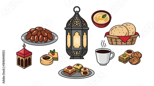 Traditional Ramadan Food and Lantern Illustration on White Background