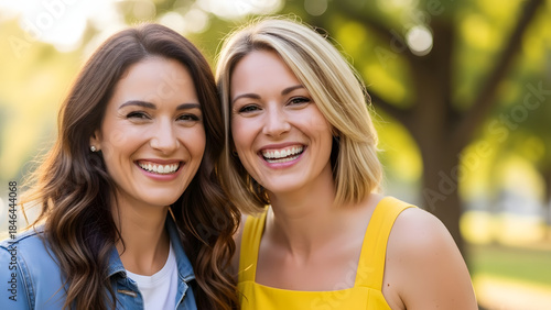 Two cheerful Caucasian women, friends, smiling broadly at the camera outdoors in beautiful natural sunlight.
