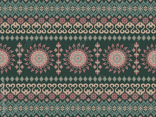 Slika na platnu Thai fabric pattern with unique lai thai intricate floral on dark green, pink, and beige pastel tones