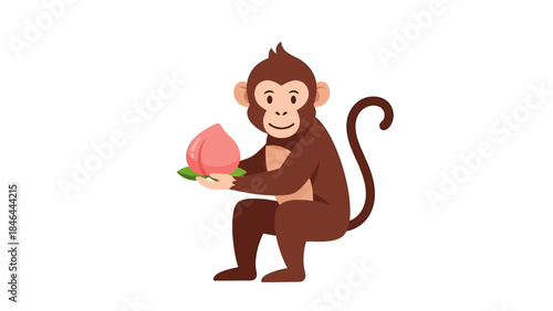 Cute cartoon monkey holding a peach on white background