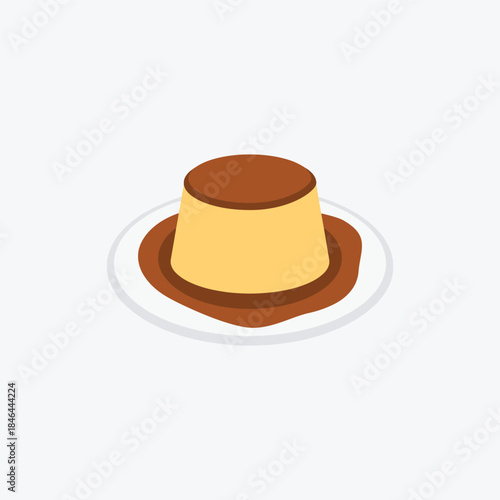 Simple flat icon illustration of creamy caramel flan dessert served on a white plate