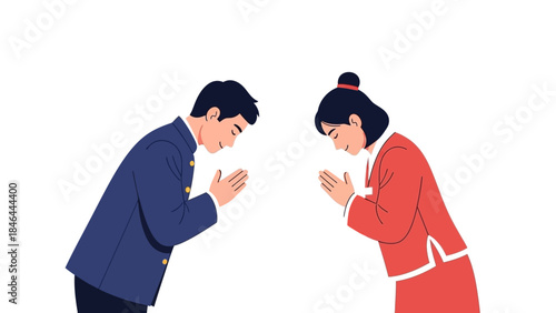 Illustration of two people bowing in traditional attire