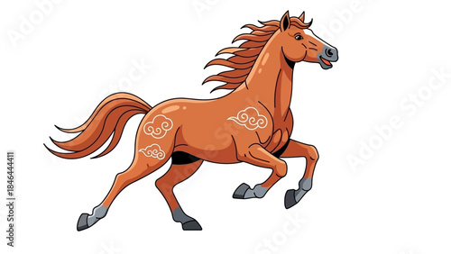 Illustration of a galloping brown horse with decorative patterns