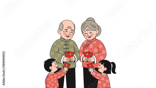 Elderly couple and children exchanging red envelopes during celebration