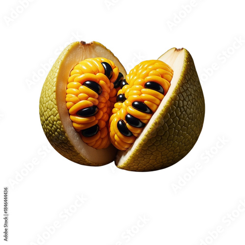 Exotic soursop fruit halves revealing yellow pulp and black seeds