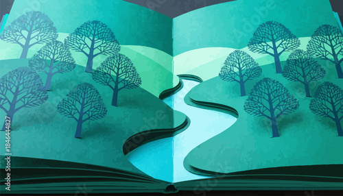 Whimsical landscape emerges from open book pages