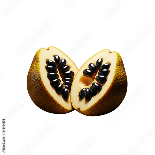 Halved passion fruit showing black seeds on black background