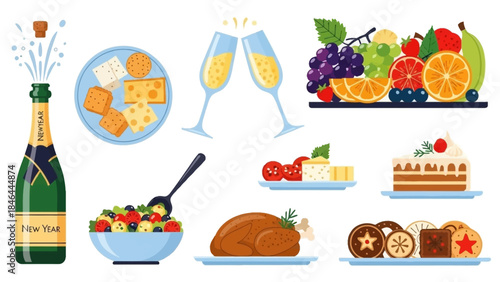 Festive food and drink illustration with champagne and desserts
