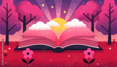 Vibrant open book in magical garden with sunrise