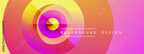 Abstract vibrant design features concentric circles. Colors blend from yellow, orange, pink, purple creating dynamic visual effect.