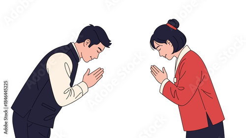 Illustration of Two People Bowing in Traditional Greeting