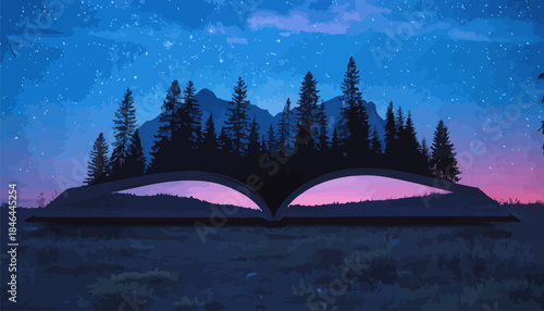 Serene landscape emerges from open book at dusk with trees and mountain