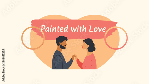 Loving artistic couple illustration with heart shaped background and brush stroke text
