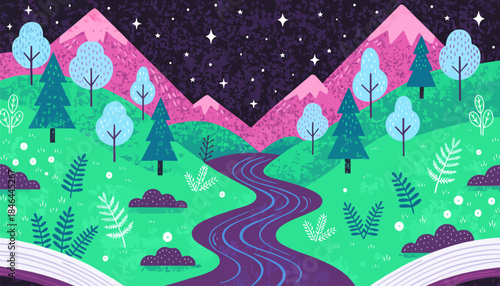 Vibrant landscape with winding road through green hills and pink mountains under starry night sky