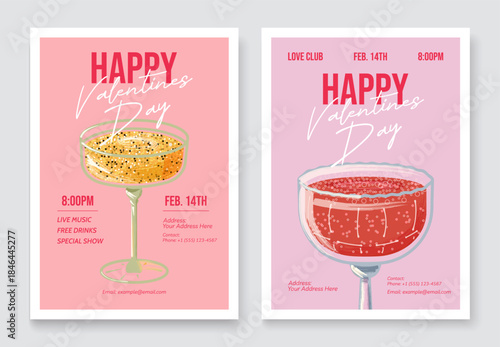 Vintage invitation templates for a Valentine's Day party. Sparkling cocktails, pink background, space for text. Vector illustration for bachelorette parties, weddings, birthdays, and celebrations