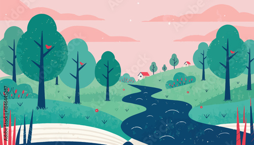 Serene landscape with winding river and trees on green hills