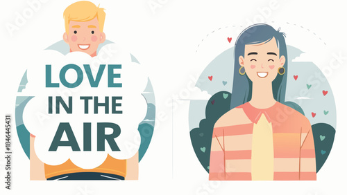 Smiling couple in love with hearts and cloud shape around them romantic atmosphere