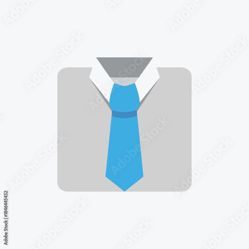Simple flat icon design of a light blue necktie knotted neatly on a white collared shirt