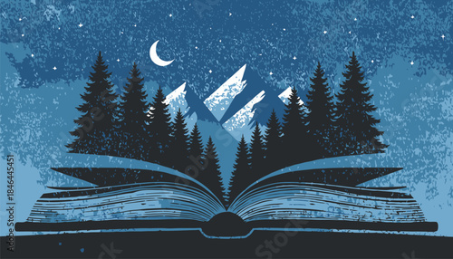 Open book with mountain landscape and starry night sky emerging