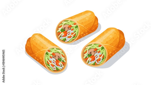 Three delicious burrito wraps with vegetables and meat on white background