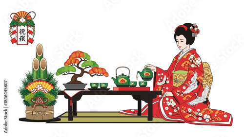 Traditional Japanese Tea Ceremony with Geisha in Kimono