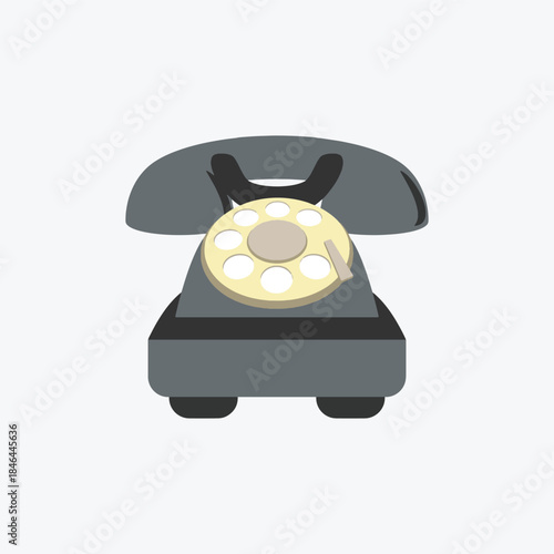 Simple graphic illustration of a classic gray rotary telephone with a beige dial on white