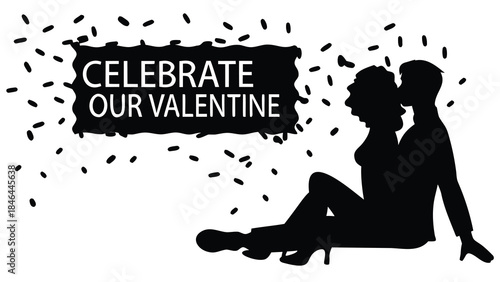 Silhouettes of a romantic couple celebrating valentine's day with confetti scattered around them festive