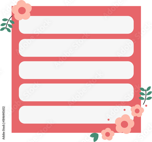 Colorful blank sticky notes with flower and leaves. Collection of colorful blank paper shapes, memo stickers, reminder labels, and message banners.