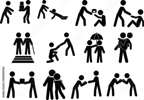 Diverse graphic silhouettes depicting acts of kindness, support, and empathy among people, representing humanitarian values and social interaction concepts