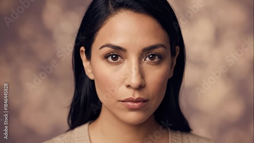 Close Up Studio Portrait of a Beautiful Brunette Woman Looking at Camera