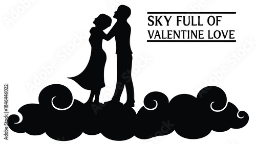 Romantic couple silhouette standing on clouds in dreamy style for valentine's day