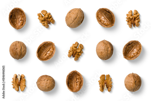Assortment of walnuts showing whole nuts in shell and shelled walnut halves and pieces, isolated on a transparent background. Ideal for packaging design, advertising, labels, healthy food concepts.