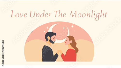 Romantic couple embracing under crescent moonlight at night with peaceful serene ambiance and loving tender moment