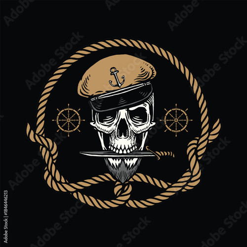 A sailor skull with a captain’s hat and knife in its mouth framed by rope and ship wheels, combining danger and classic sailor style.