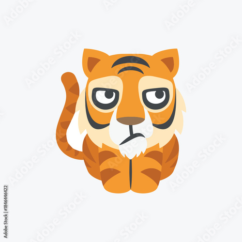 Sad cartoon tiger emoji with droopy eyes and a grumpy expression isolated on white background