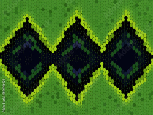 Vibrant hexagonal scales interlock in a reptilian mosaic, displaying three dark, diamond-shaped medallions rimmed with glowing chartreuse against a detailed background of deep olive and forest green