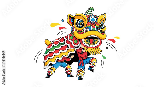 Colorful Traditional Chinese Lion Dance Illustration on White Background