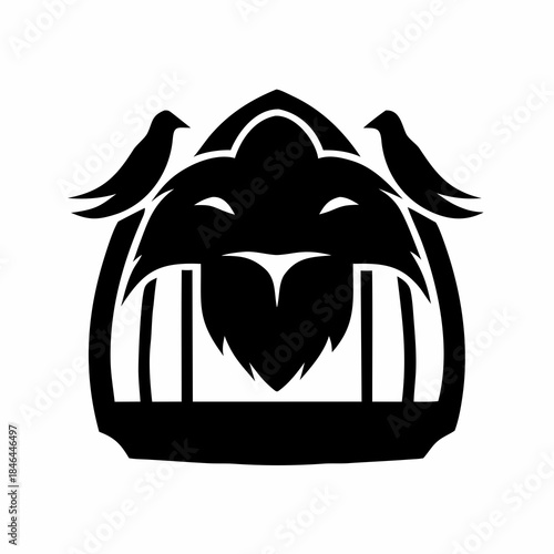 Lion Silhouette and Birds Emblem: A stark, artistic rendering of a lion silhouette encased within a cage, flanked by birds, symbolizing strength, captivity, and freedom.