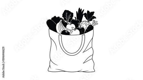 A simple line drawing of a tote bag filled with fresh produce