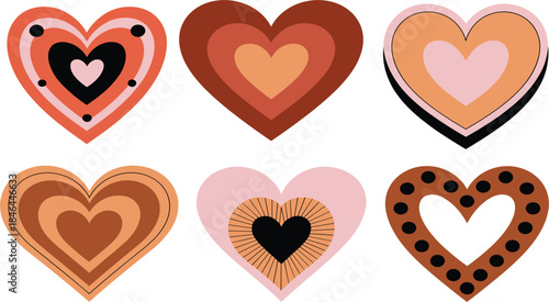 Set of six abstract boho style layered hearts, retro romantic brown and pink love graphic elements