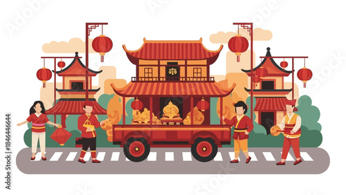 Festive Chinese New Year Parade with Traditional Lanterns and Costumes