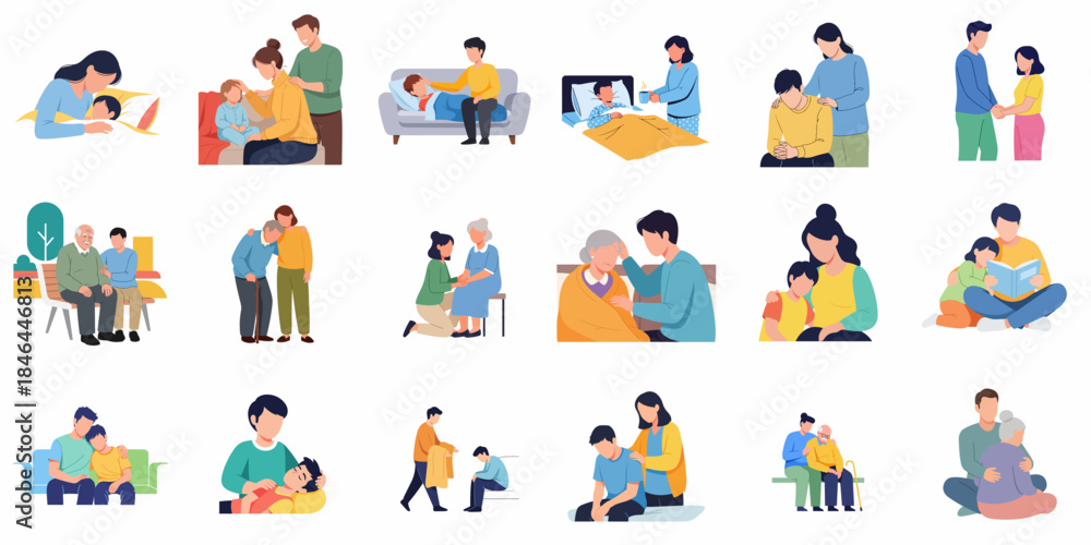 Fototapeta premium Flat Illustration Caring Family Moment and Affectionate Interaction Between Member Set